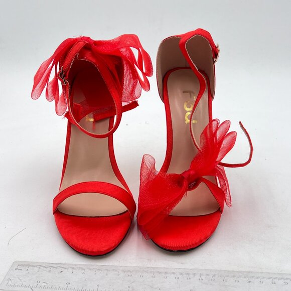 FSJ Red Mesh Gold Metal Chain Chunky High Heels Ankle Strap Open Toe Sandals - Picture 3 of 8